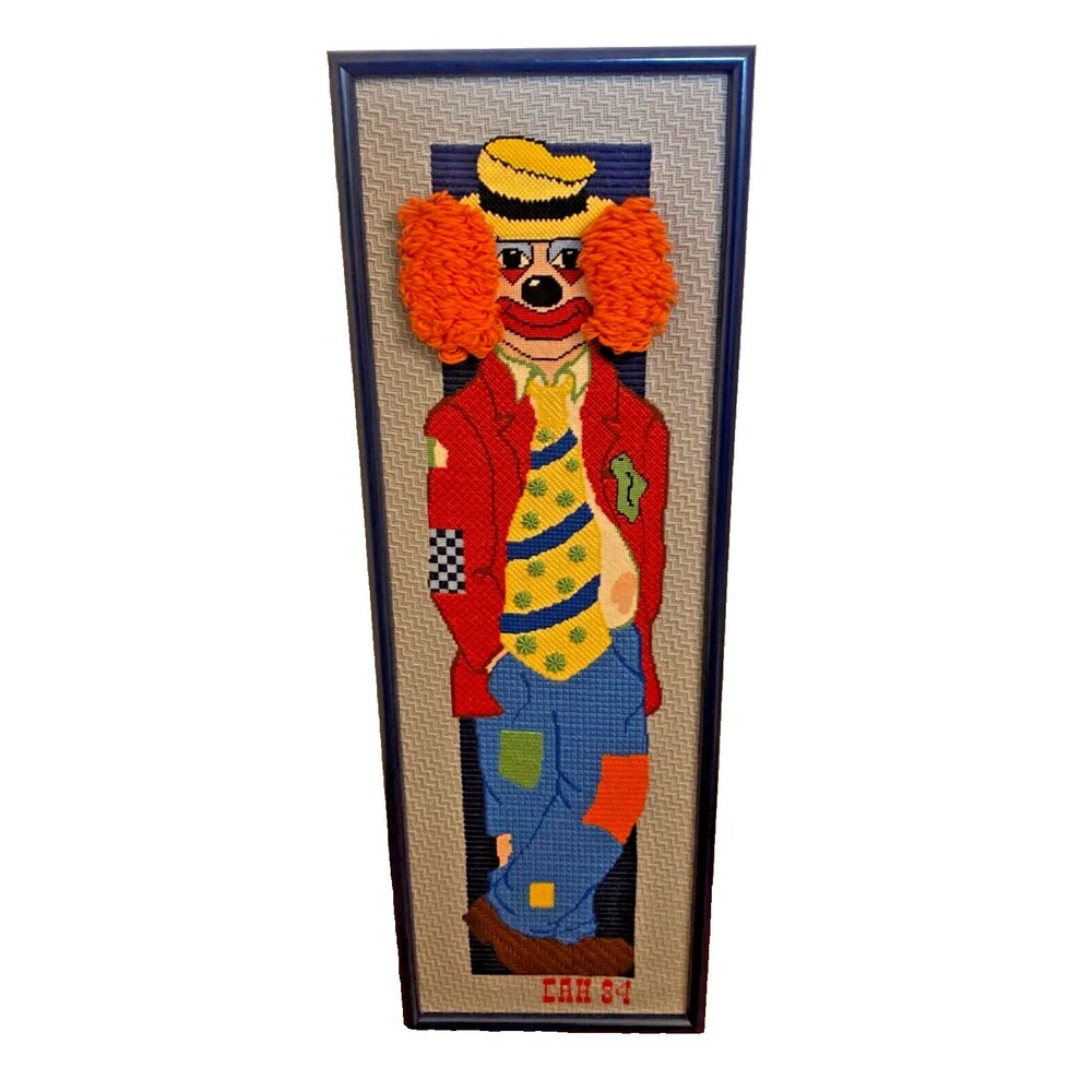 Handmade HOBO CLOWN Needlepoint Art 37 x 12" Embroidery Granny Framed Signed '84